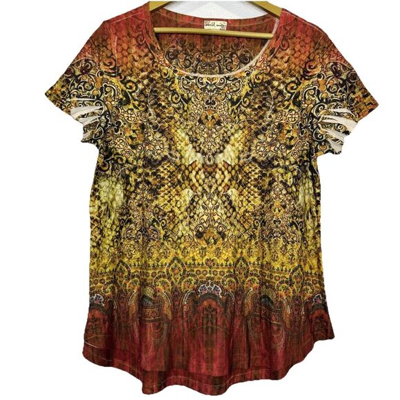World Unity Womens Bedazzled Short Sleeve Top XL Multicolor Steampunk Grunge Y2K - Picture 1 of 8